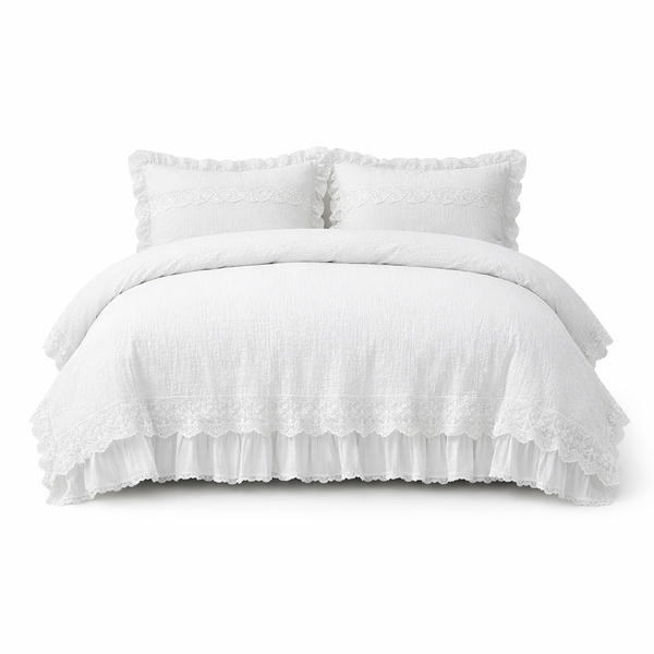 3Pcs Korean Lace Bedding Set Seersucker Duvet Cover Set (1*Duvet Cover + 2*Pillowcase, without Core)For Bedroom Guest Room — hero white