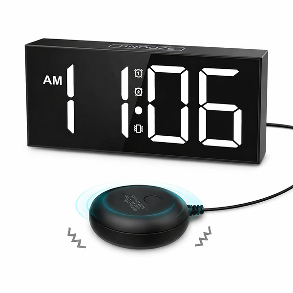 Vibrating Alarm Clock 7.5'' Large Display LED Clock Loud Alarm Clock with Bed Shaker for Heavy Sleepers Hearing Impaired — hero white