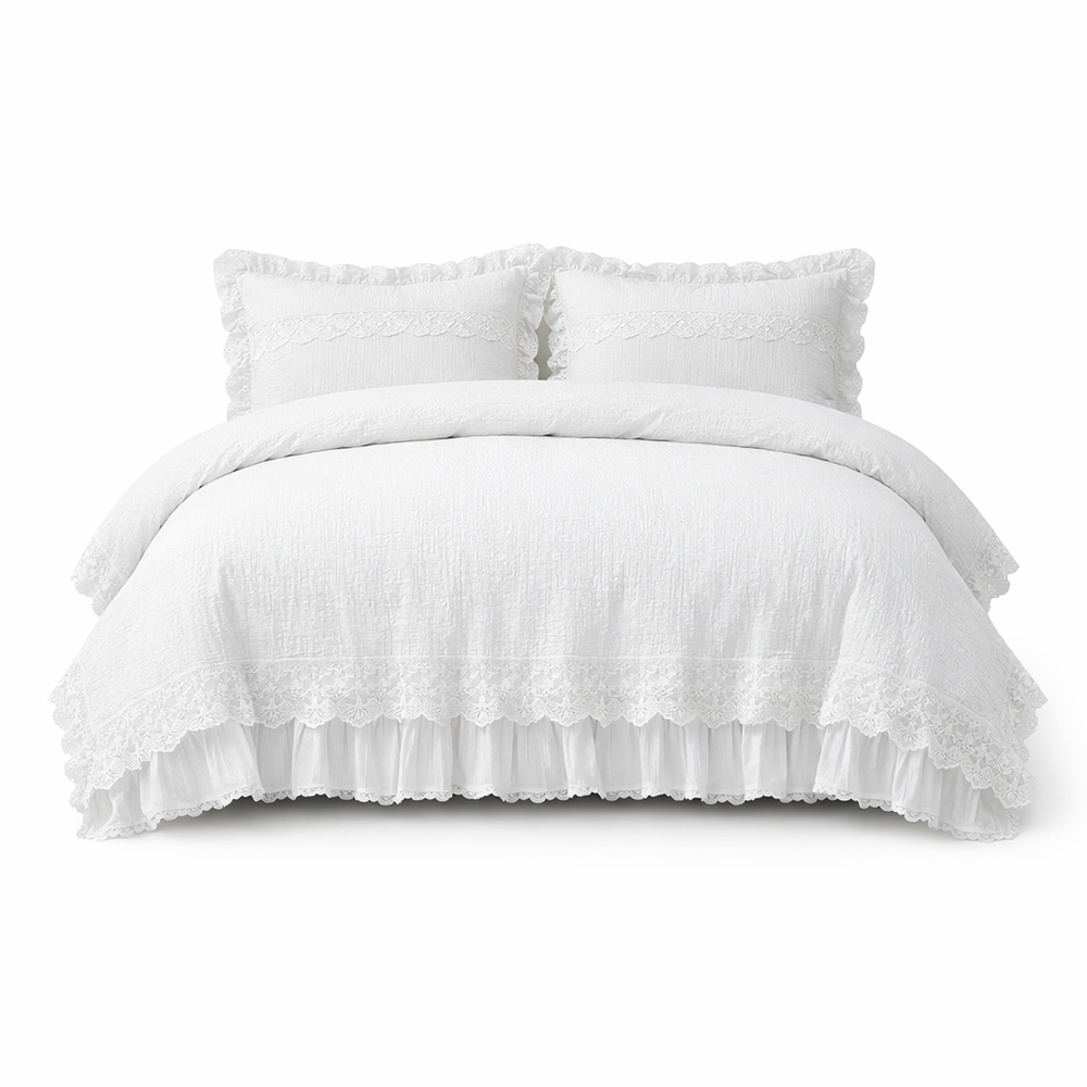 3Pcs Korean Lace Bedding Set Seersucker Duvet Cover Set (1*Duvet Cover + 2*Pillowcase, without Core)For Bedroom Guest Room — hero white