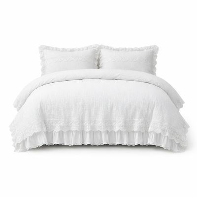 3Pcs Korean Lace Bedding Set Seersucker Duvet Cover Set (1*Duvet Cover + 2*Pillowcase, without Core)For Bedroom Guest Room — hero white