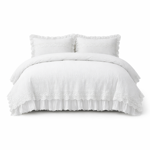 3Pcs Korean Lace Bedding Set Seersucker Duvet Cover Set (1*Duvet Cover + 2*Pillowcase, without Core)For Bedroom Guest Room — hero white