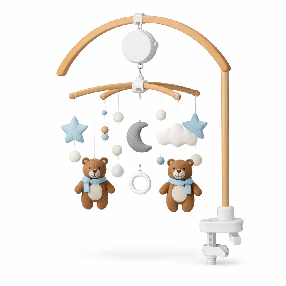 Wooden Crib Mobile Baby Bed Bell Rattle Toy Soft Felt Cartoon Bear Mobile Bracket Newborn Music Box Bed Bell Hanging Bracket Toy — hero white