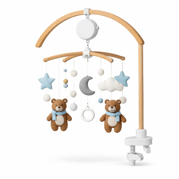 Wooden Crib Mobile Baby Bed Bell Rattle Toy Soft Felt Cartoon Bear Mobile Bracket Newborn Music Box Bed Bell Hanging Bracket Toy — hero white