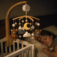 Wooden Crib Mobile Baby Bed Bell Rattle Toy Soft Felt Cartoon Bear Mobile Bracket Newborn Music Box Bed Bell Hanging Bracket Toy — night use